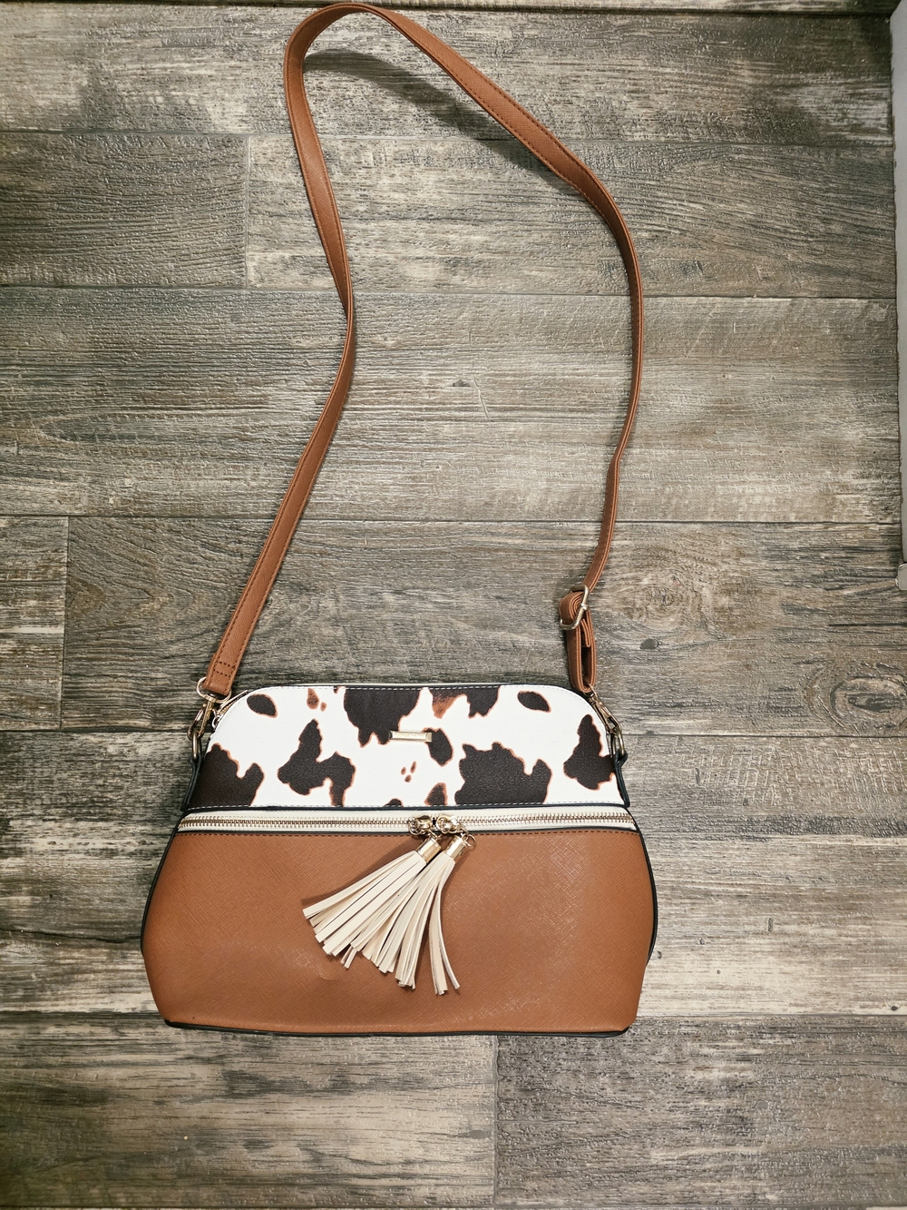 Tan Crossbody Bag with Cowhide Accent and Tassel